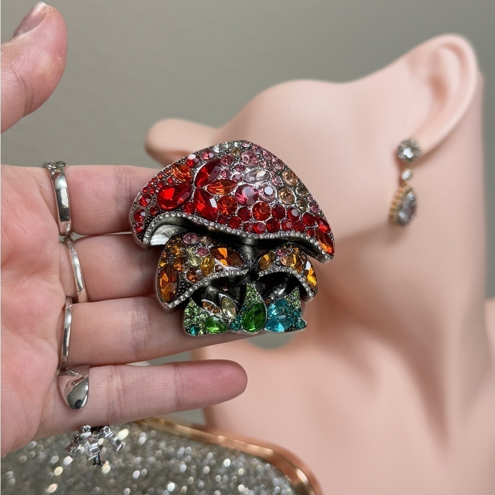 Colorful Rhinestone Mushroom Brooch Pin (A) - Picture 10 of 12
